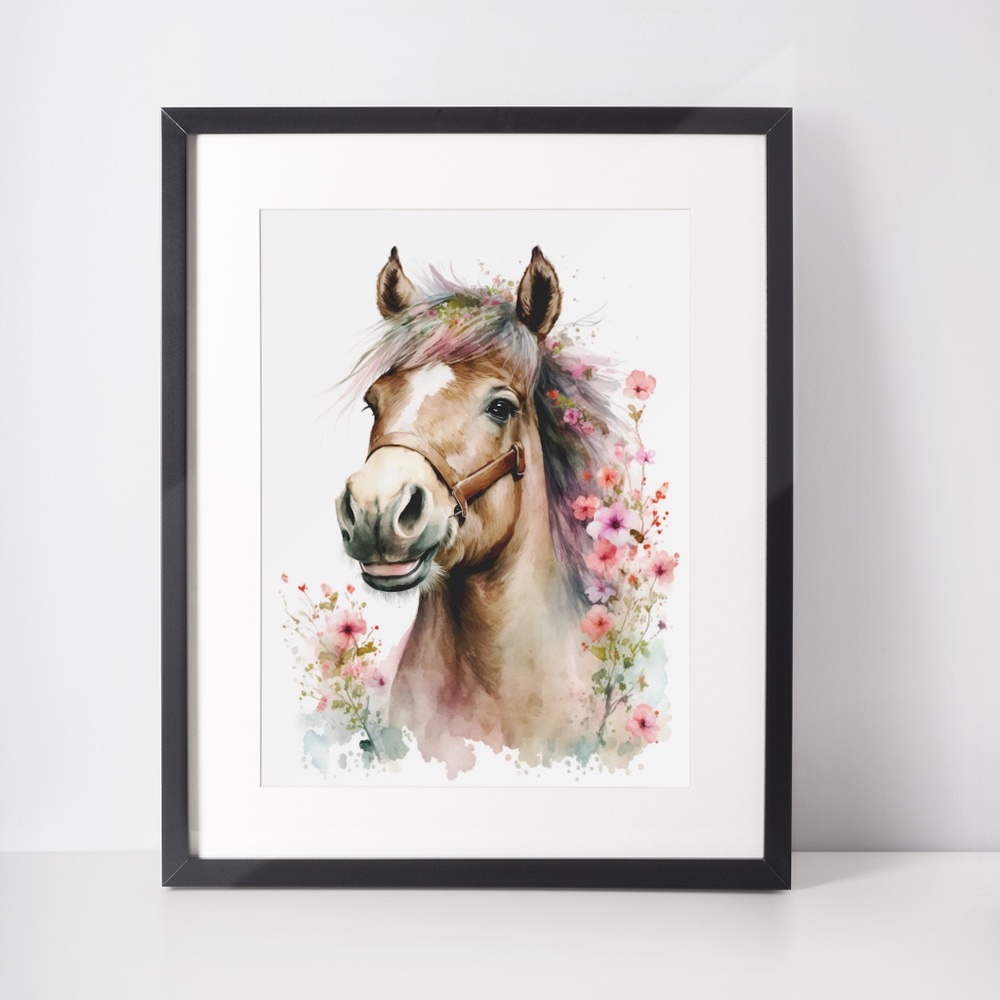 Watercolor Cute Floral Horse Wall Art Illustration Print Poster Unframed - Picture 3 of 6